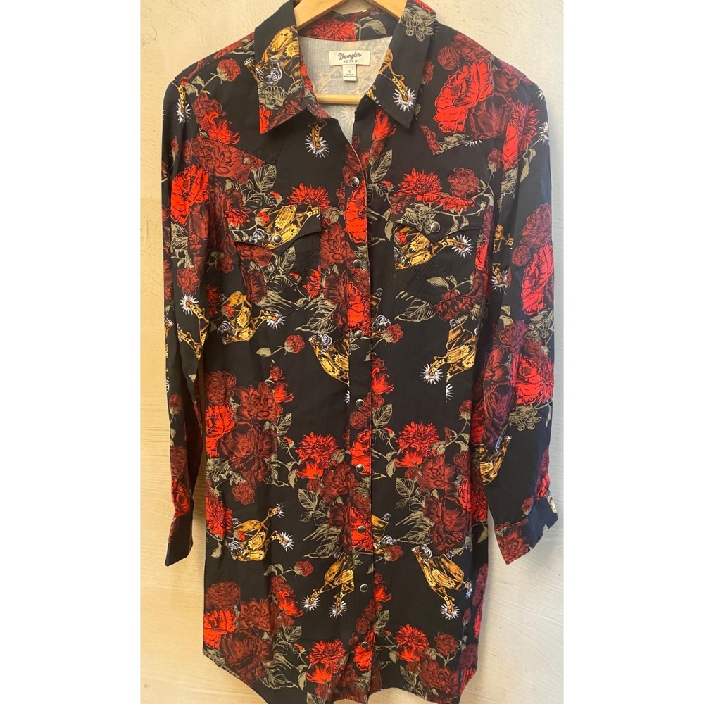 Wrangler Retro Western Floral Spur Print Pearl Snap Women Small Shirt Dress NEW